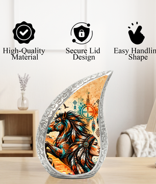 Native American Horse Urn for Ashes, Tribal Horse Cremation Urn