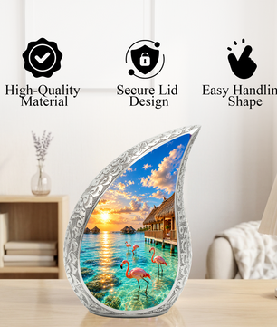 Flamingo Cremation Urn for Ashes, Tropical Beach Sunset Adult Memorial Urn
