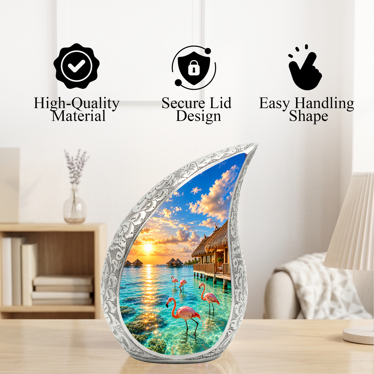 Flamingo Cremation Urn for Ashes, Tropical Beach Sunset Adult Memorial Urn