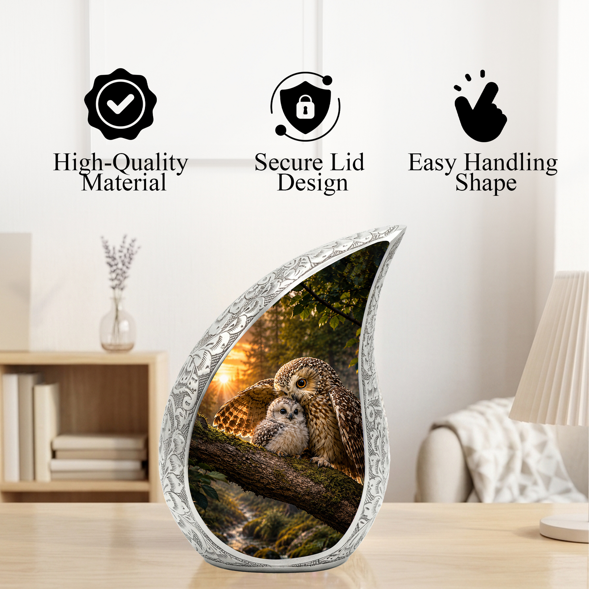 Owl Sunset Urn for Human Ashes | Beautiful Owl Adult Cremation Urn | Wildlife Sunset Memorial Urn