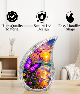 Purple Butterfly Memorial Urn for Mom, Beach Butterfly Cremation Urn for Ashes