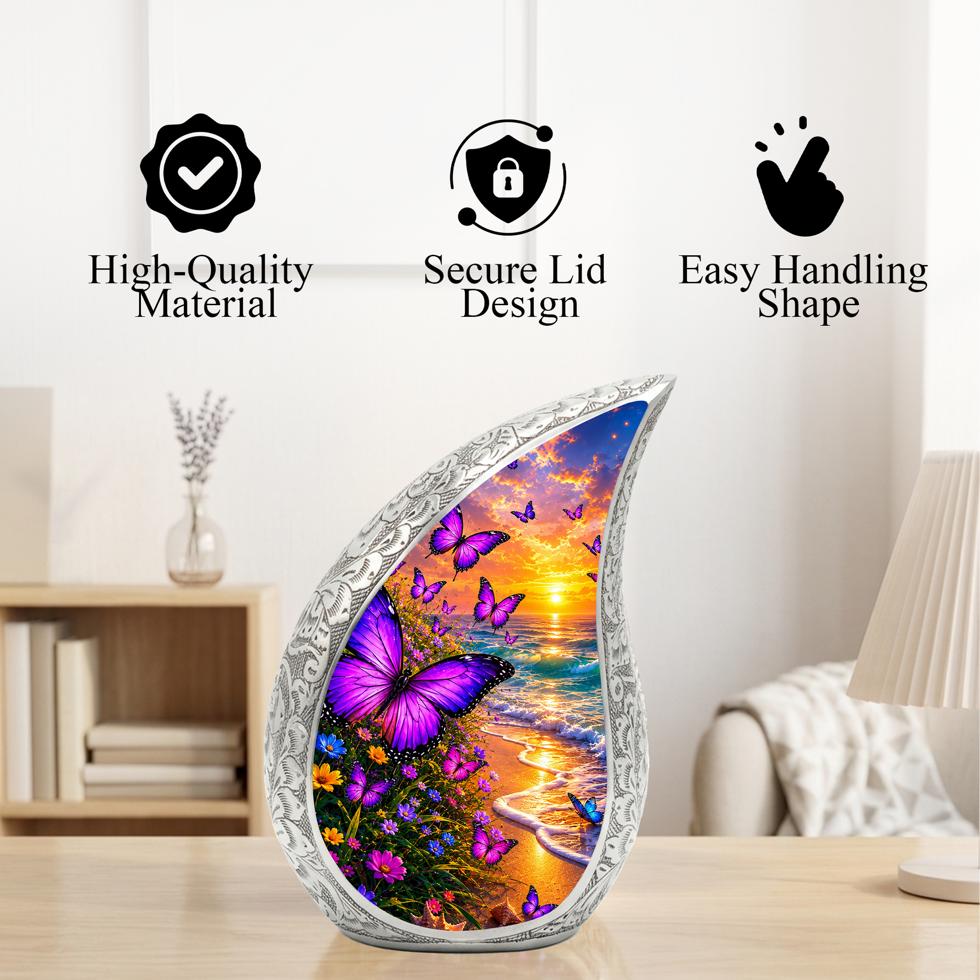 Purple Butterfly Memorial Urn for Mom, Beach Butterfly Cremation Urn for Ashes