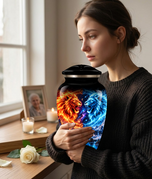 Personalized Adult Cremation Urn for Ashes, Fire and Ice Twin Lion Memorial Urn