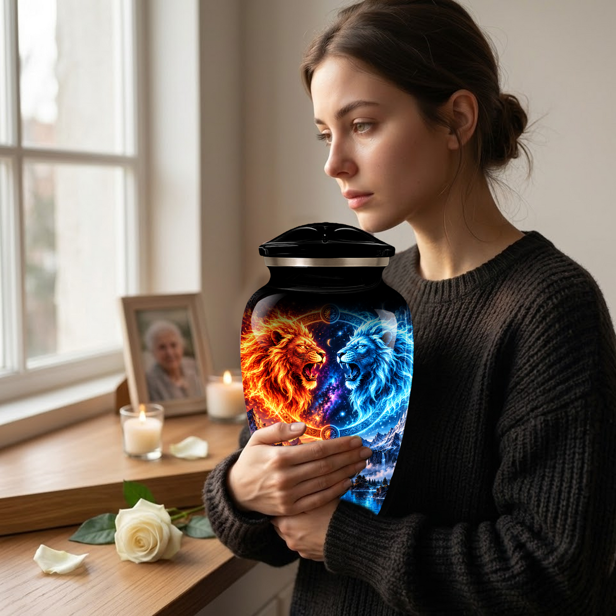 Personalized Adult Cremation Urn for Ashes, Fire and Ice Twin Lion Memorial Urn