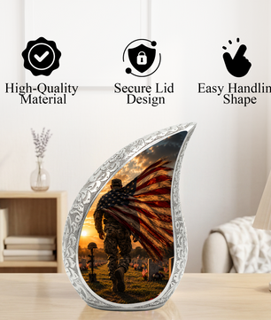 Patriotic Soldier Sunset Urn for Dad | American Flag Military Cremation Urn for Human Ashes
