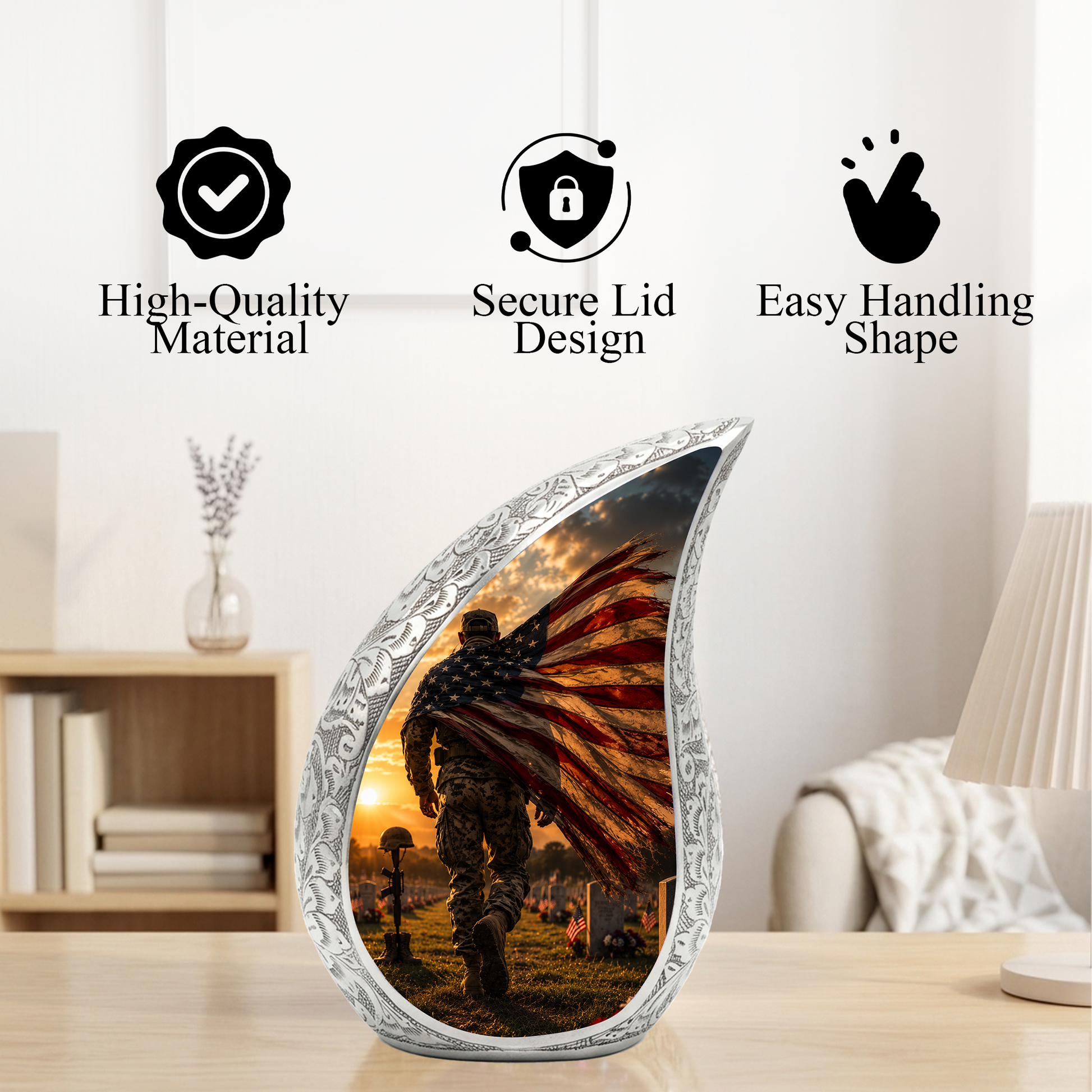 Patriotic Soldier Sunset Urn for Dad | American Flag Military Cremation Urn for Human Ashes
