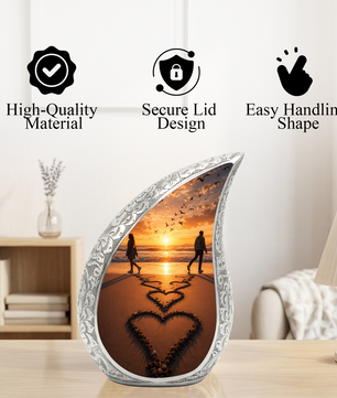 Beach Sunset Cremation Urn for Human Ashes | Heart-Shaped Ocean Memorial Urn & Beach Themed Keepsake Urn