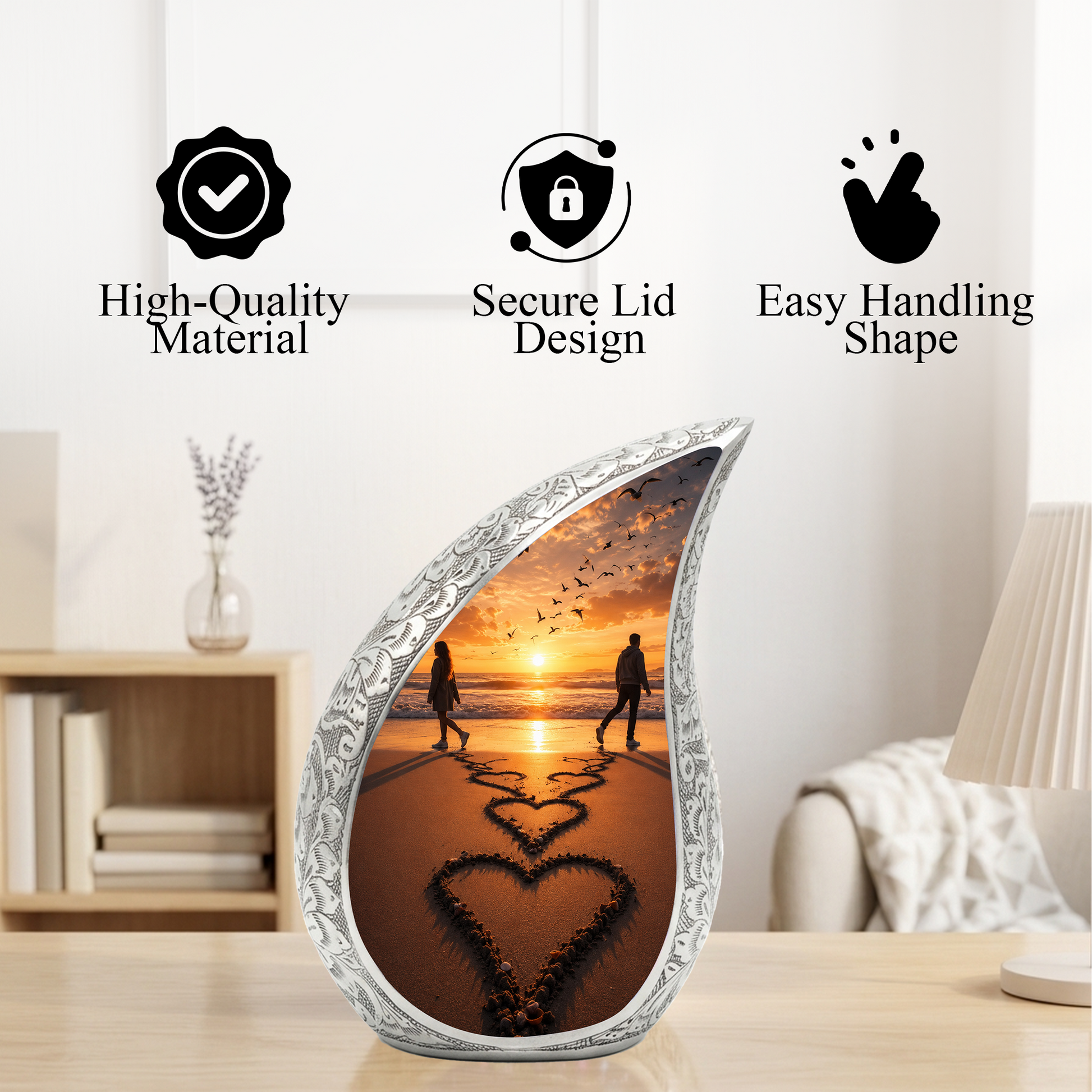 Beach Sunset Cremation Urn for Human Ashes | Heart-Shaped Ocean Memorial Urn & Beach Themed Keepsake Urn
