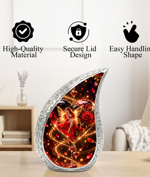 Fairy Heart Cremation Urn for Ashes, Red Rose Fantasy Adult Memorial Urn
