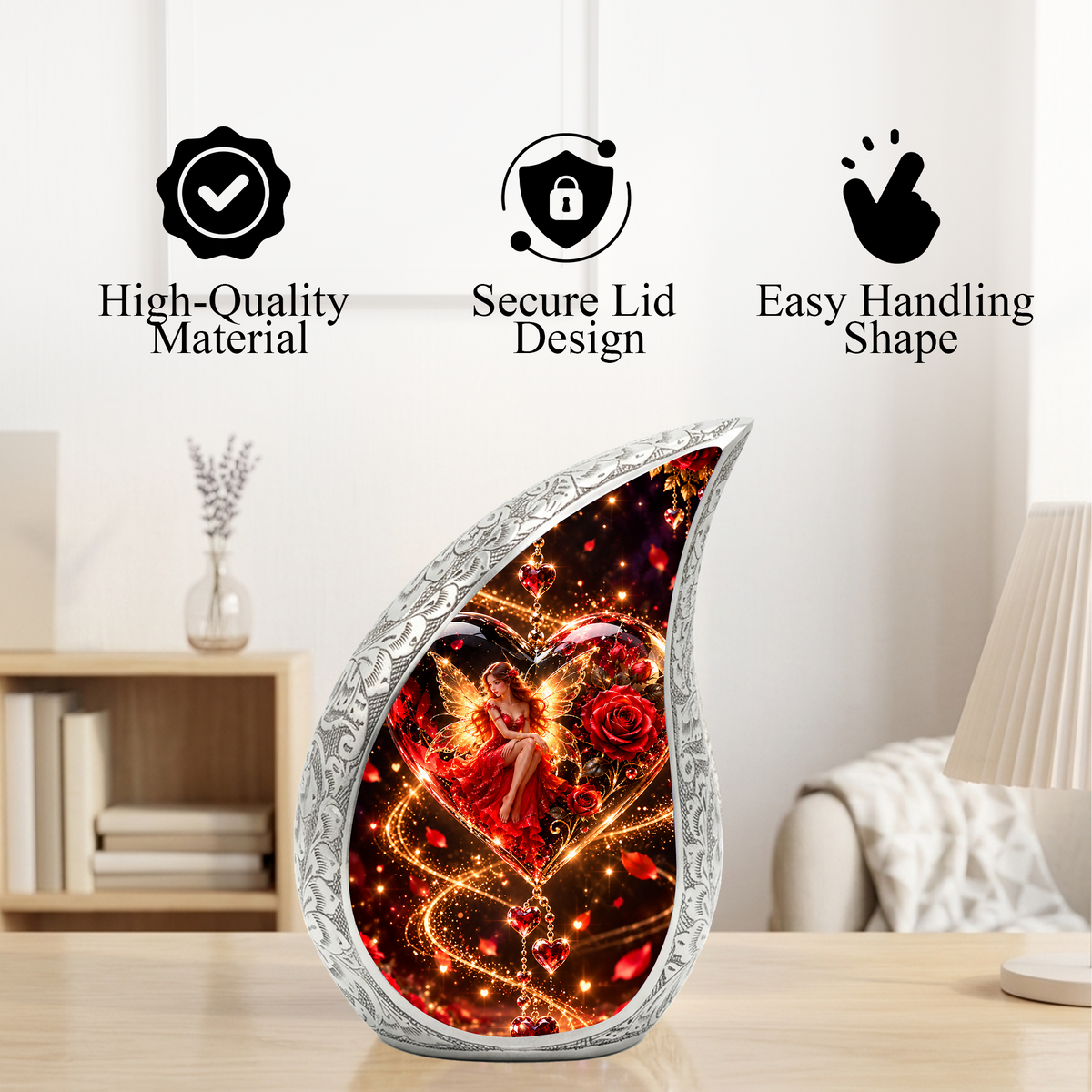 Fairy Heart Cremation Urn for Ashes, Red Rose Fantasy Adult Memorial Urn
