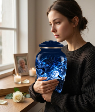 Personalized Adult Cremation Urn for Ashes, Blue Lightning Wolf Memorial Urn, Custom Wolf Howling at Moon Urn