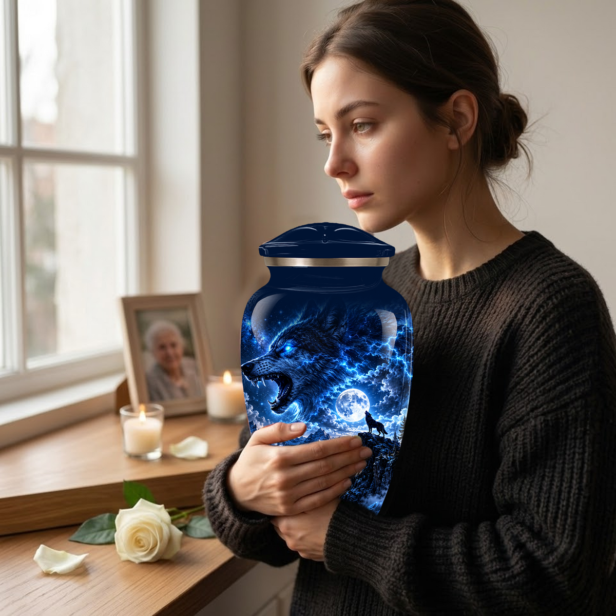 Personalized Adult Cremation Urn for Ashes, Blue Lightning Wolf Memorial Urn, Custom Wolf Howling at Moon Urn