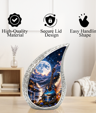 Guitar Cremation Urn for Ashes, Personalized Music Memorial Adult Urn, Celestial Moon Guitar Urn, Handmade Aluminum Cremation Urn