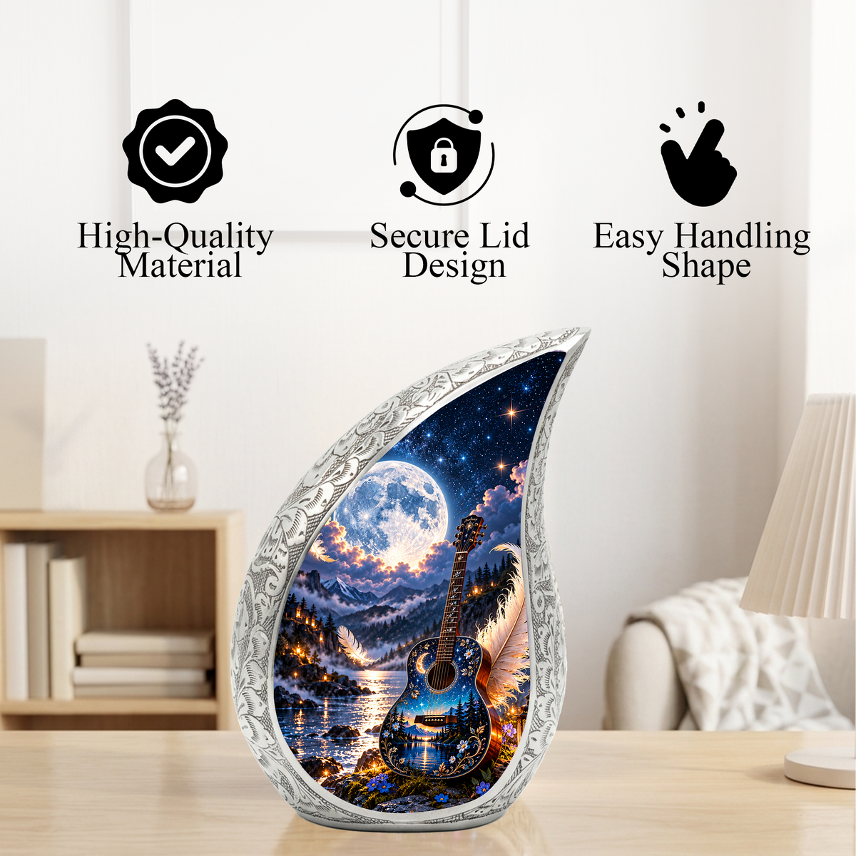 Guitar Cremation Urn for Ashes, Personalized Music Memorial Adult Urn, Celestial Moon Guitar Urn, Handmade Aluminum Cremation Urn