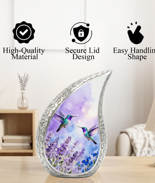 Hummingbird Personalized Cremation Urn for Mom – Teardrop Style Aluminum Memorial Urn, 10 Inch