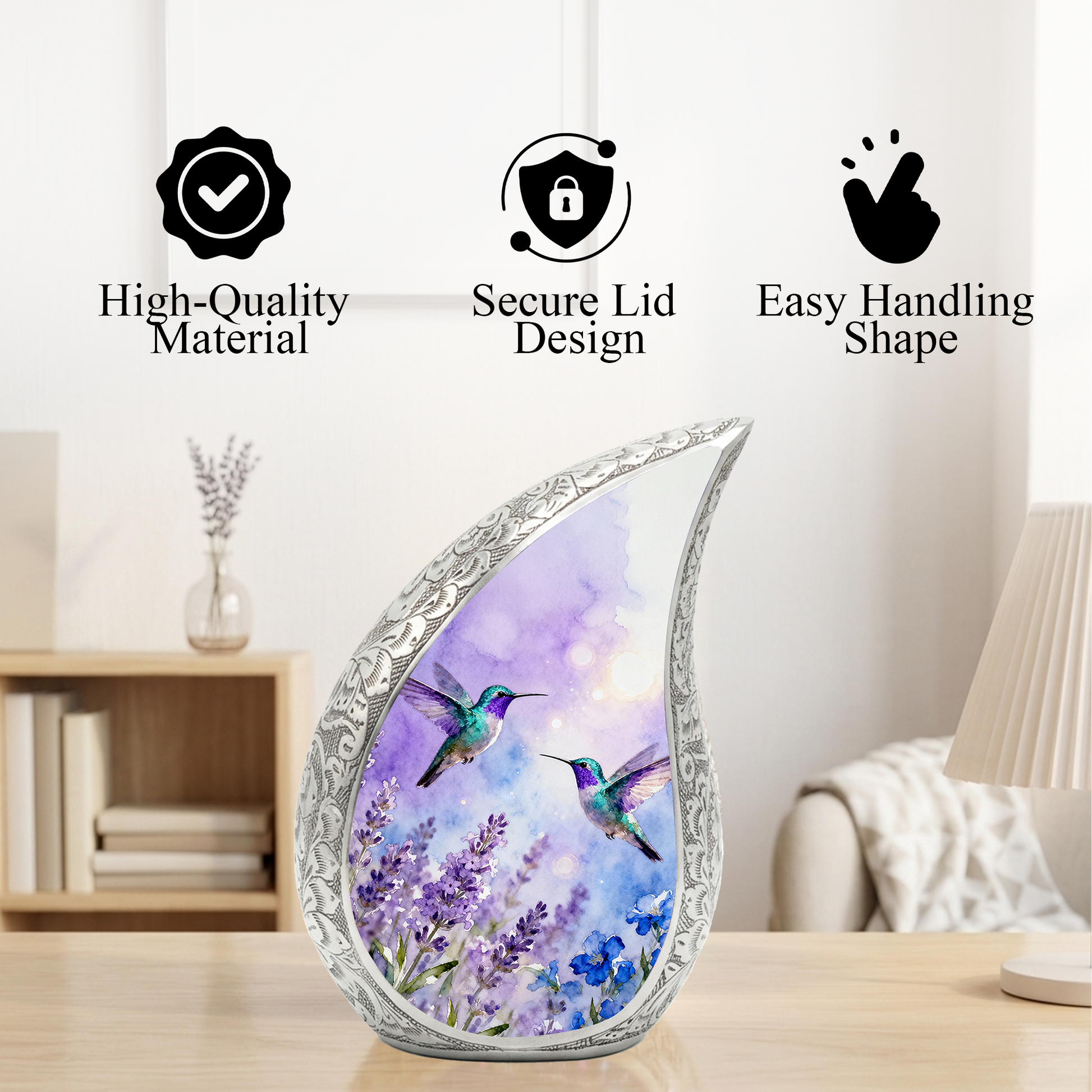 Hummingbird Personalized Cremation Urn for Mom – Teardrop Style Aluminum Memorial Urn, 10 Inch