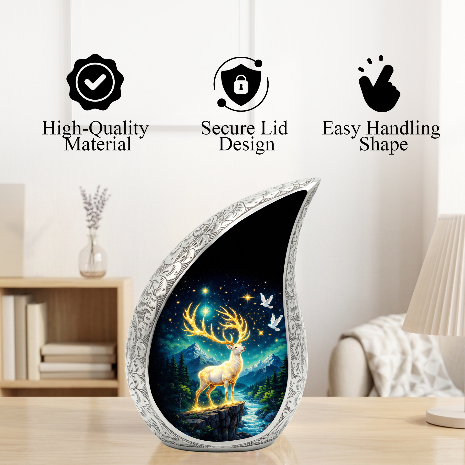 Golden Reindeer Night Landscape Cremation Urn for Adult Ashes