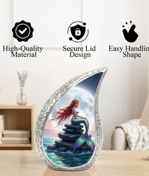 Mermaid Personalized Cremation Urn for Mom – Teardrop Style Aluminum Memorial Urn, 10 Inch