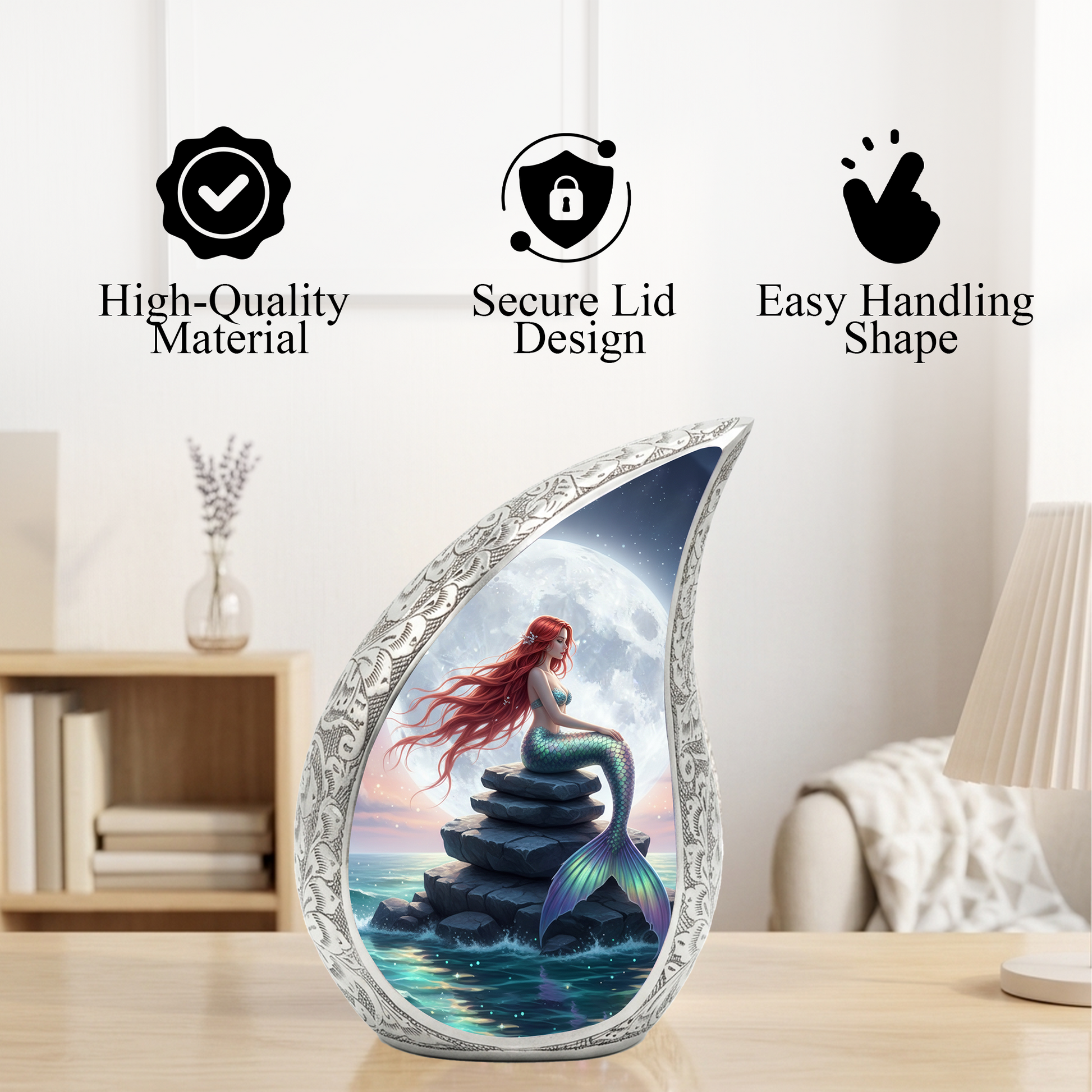 Mermaid Personalized Cremation Urn for Mom – Teardrop Style Aluminum Memorial Urn, 10 Inch
