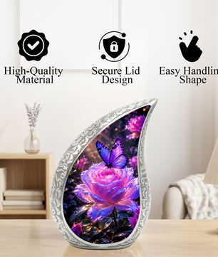 Flower Urn for Mom and Women – Blue Velvet Butterfly Keepsake Cremation Urn for Mom,