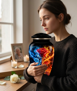 Red Rose Cremation Urn for Adult Ashes – Blue and Orange Flame Memorial Urn