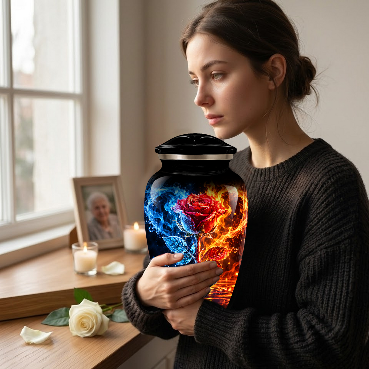 Red Rose Cremation Urn for Adult Ashes – Blue and Orange Flame Memorial Urn