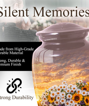 Flower Urn for Mom, Floral Cremation Large Urn for Ashes, Daisy & Sunflower Memorial Urn for Women
