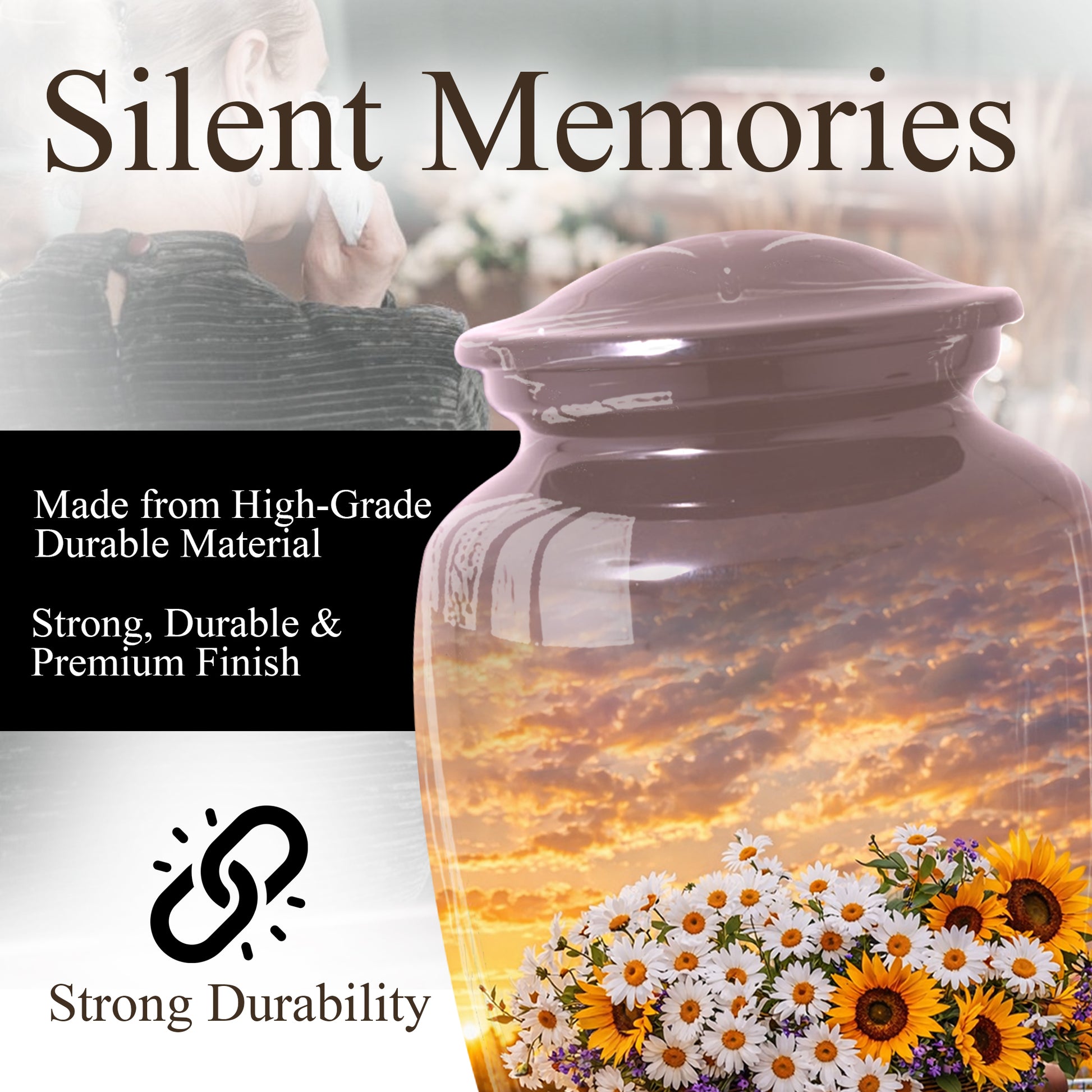 Flower Urn for Mom, Floral Cremation Large Urn for Ashes, Daisy & Sunflower Memorial Urn for Women