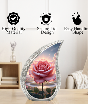 Personalized Pink Rose Cremation Urn – Custom Floral Memorial Urn for Ashes, Elegant Teardrop Aluminum Adult Urn, 10 Inch