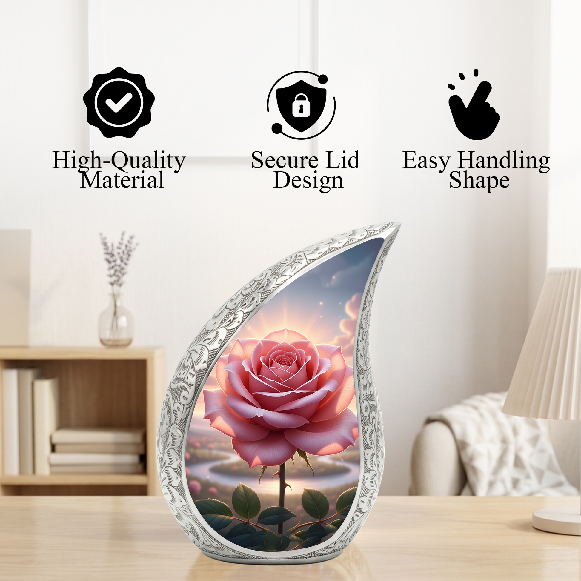 Personalized Pink Rose Cremation Urn – Custom Floral Memorial Urn for Ashes, Elegant Teardrop Aluminum Adult Urn, 10 Inch