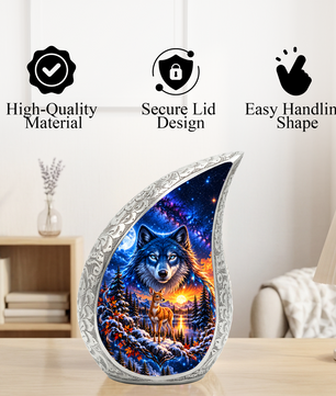 Wolf and Deer Cremation Urn for Ashes, Wildlife Adult Memorial Urn