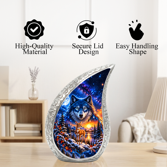 Wolf and Deer Cremation Urn for Ashes, Wildlife Adult Memorial Urn