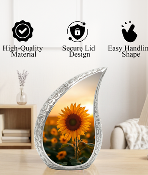 Sunflower Personalized Cremation Urn – Teardrop Style Aluminum Memorial Urn, 10 Inch