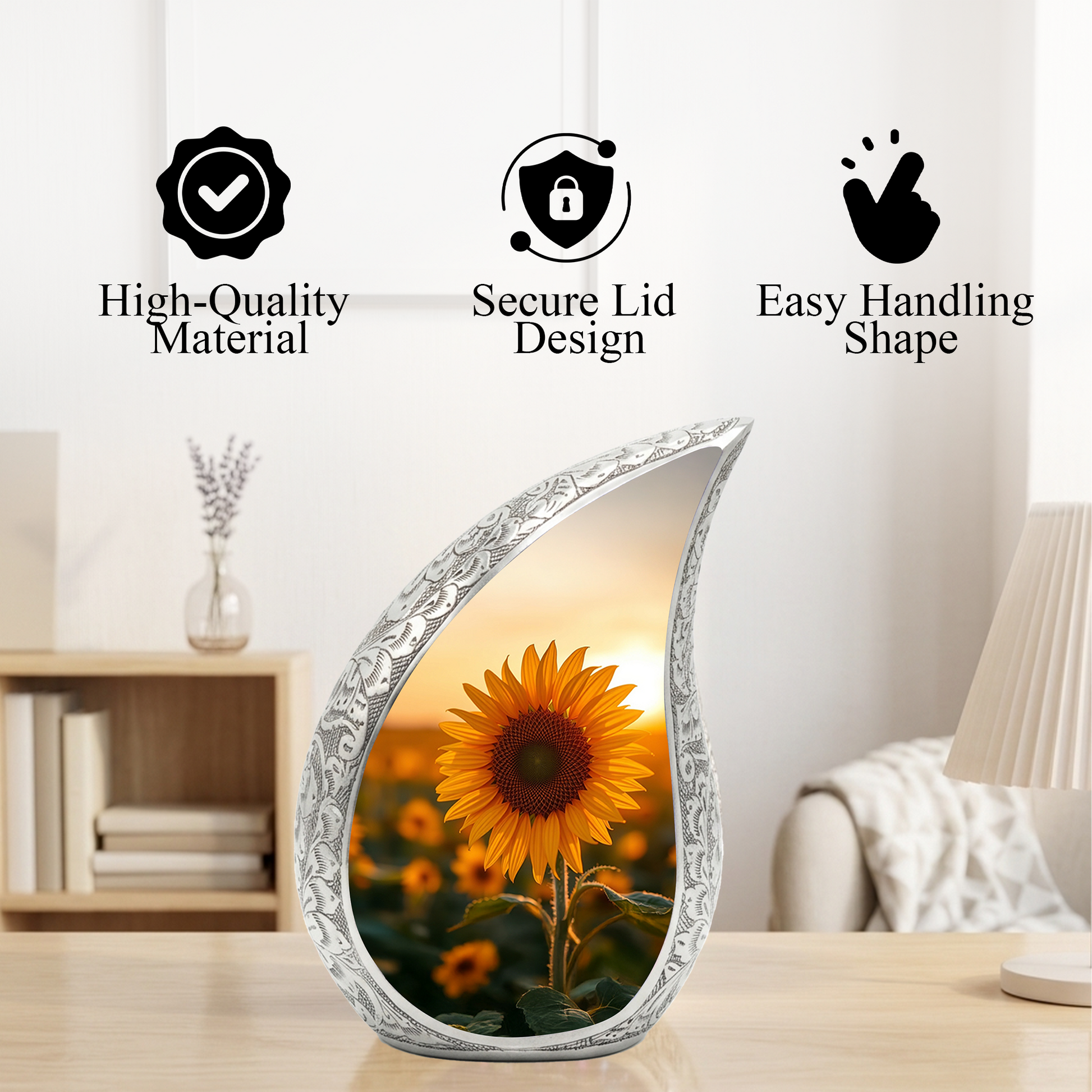 Sunflower Personalized Cremation Urn – Teardrop Style Aluminum Memorial Urn, 10 Inch
