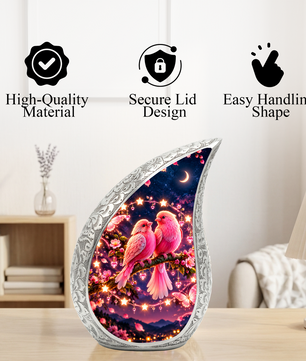 Pink Love Birds Urn for Human Ashes, Adult Cremation Urn with Two Birds and Flowers