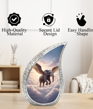 Heavenly Elephant Personalized Cremation Urn – Teardrop Memorial Urn for Ashes | 10 Inch Aluminum Adult Urn