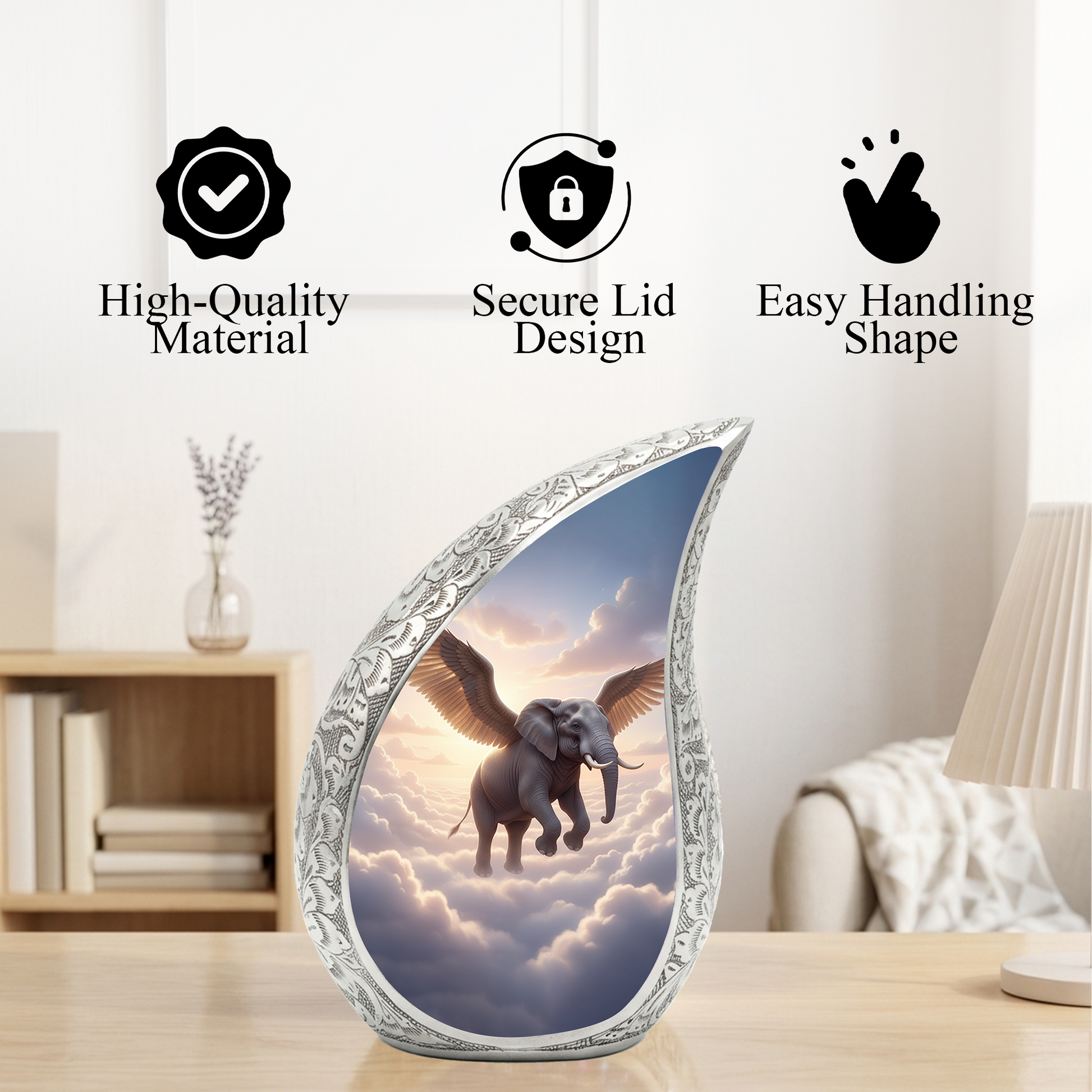 Heavenly Elephant Personalized Cremation Urn – Teardrop Memorial Urn for Ashes | 10 Inch Aluminum Adult Urn