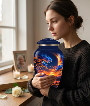 Celestial Moon Cremation Urn for Adult Ashes,  Glowing Crescent Moon, Sunset Mountains and Starry Lake Artwork