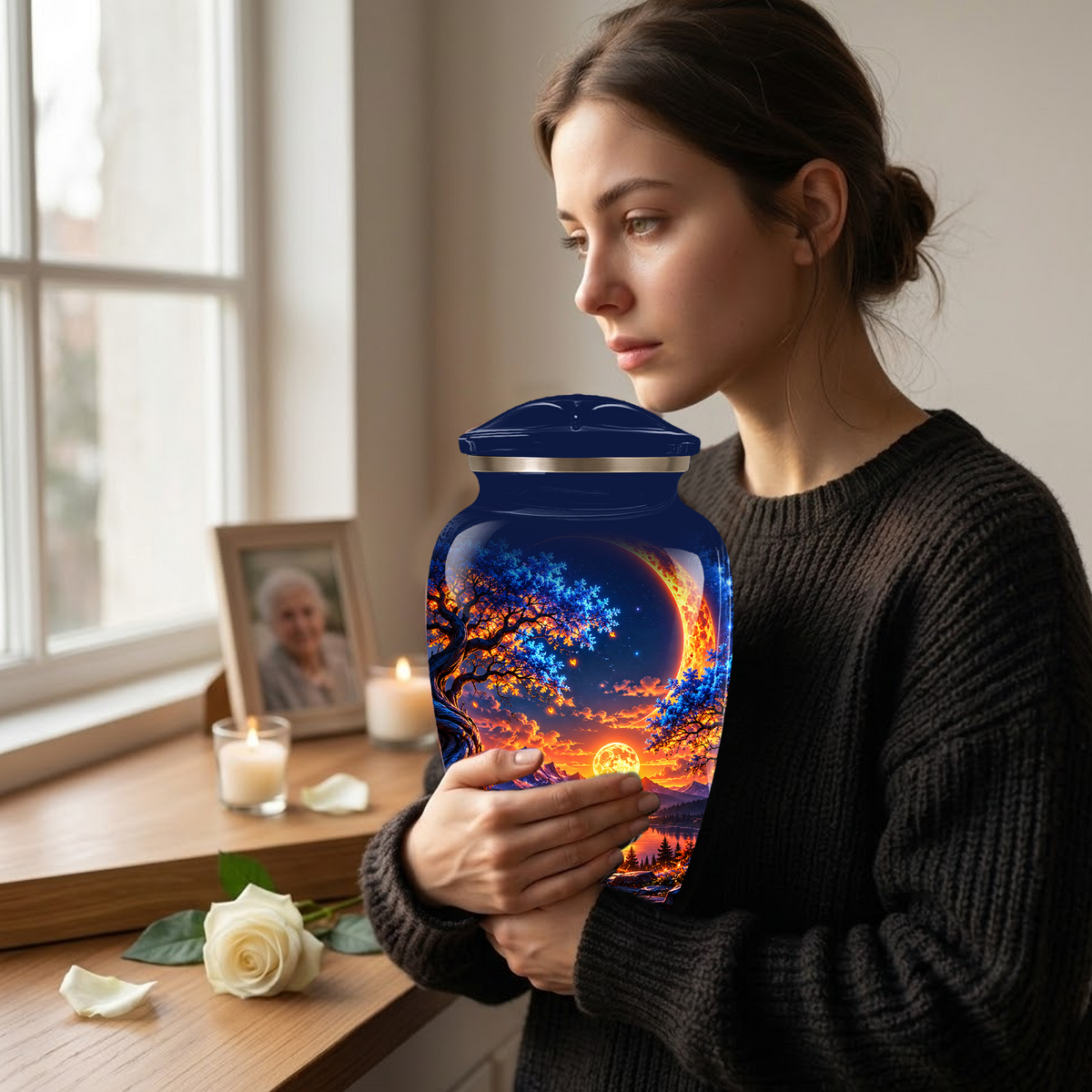 Celestial Moon Cremation Urn for Adult Ashes,  Glowing Crescent Moon, Sunset Mountains and Starry Lake Artwork