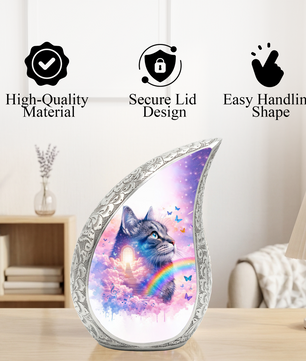 Personalized Cat Cremation Urn – Custom Cat Memorial Urn for Ashes, Rainbow Bridge Pet Urn, Teardrop Aluminum Cat Urn, 10 Inch