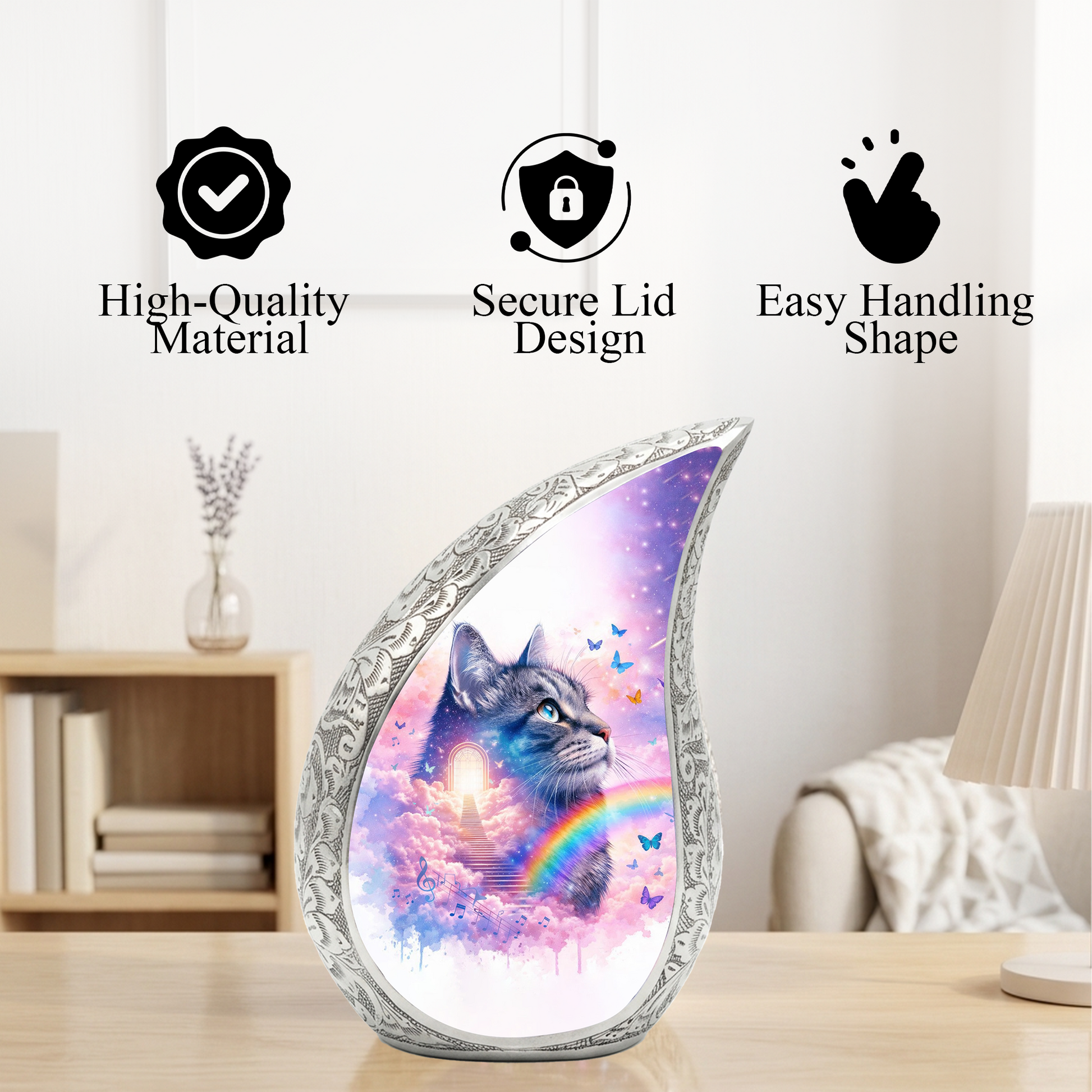 Personalized Cat Cremation Urn – Custom Cat Memorial Urn for Ashes, Rainbow Bridge Pet Urn, Teardrop Aluminum Cat Urn, 10 Inch