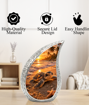 Baby Turtle Beach Urn for Human Ashes | Ocean Wave Wooden Cremation Urn
