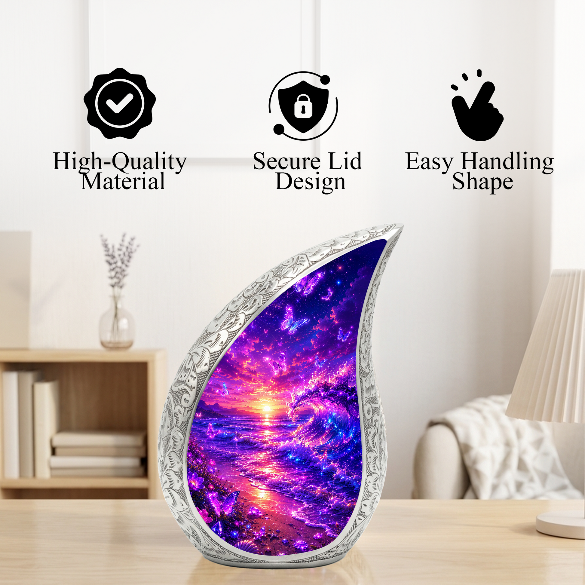 Butterfly Beach Cremation Urn for Adult Ashes | Beautiful Ocean Wave & Sunset Memorial Urn
