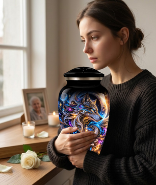 Personalized Adult Cremation Urn for Ashes, Celestial Wolf Memorial Urn, Fantasy Wolf Aluminum Cremation Urn