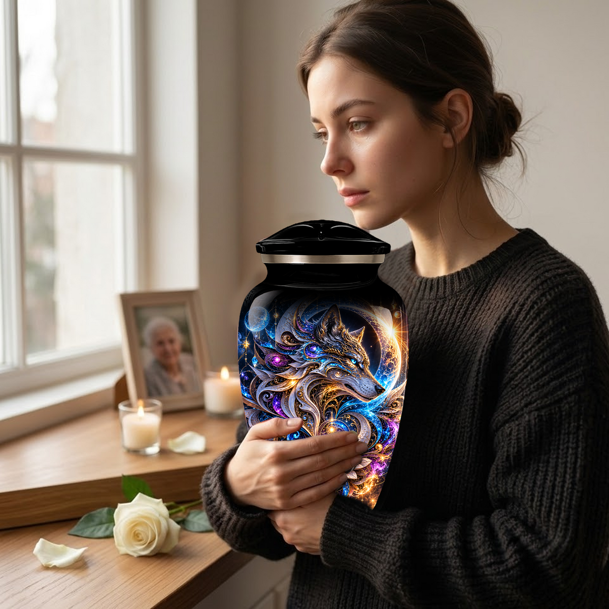 Personalized Adult Cremation Urn for Ashes, Celestial Wolf Memorial Urn, Fantasy Wolf Aluminum Cremation Urn