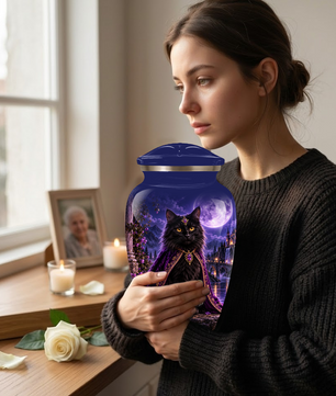 Personalized Cat Urn for Ashes | Custom Pet Urn for Cats | Handmade Metal Cat Memorial Urn