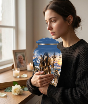 Adult Cremation Urn for Ashes | Personalized Adult Urn | Handmade Memorial Urn with Mountain & Wolf Design