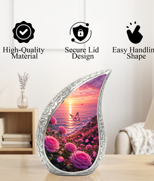 Flower Beach Urn for Mom – Pink Rose Ocean Sunset Cremation Urn for Human Ashes,