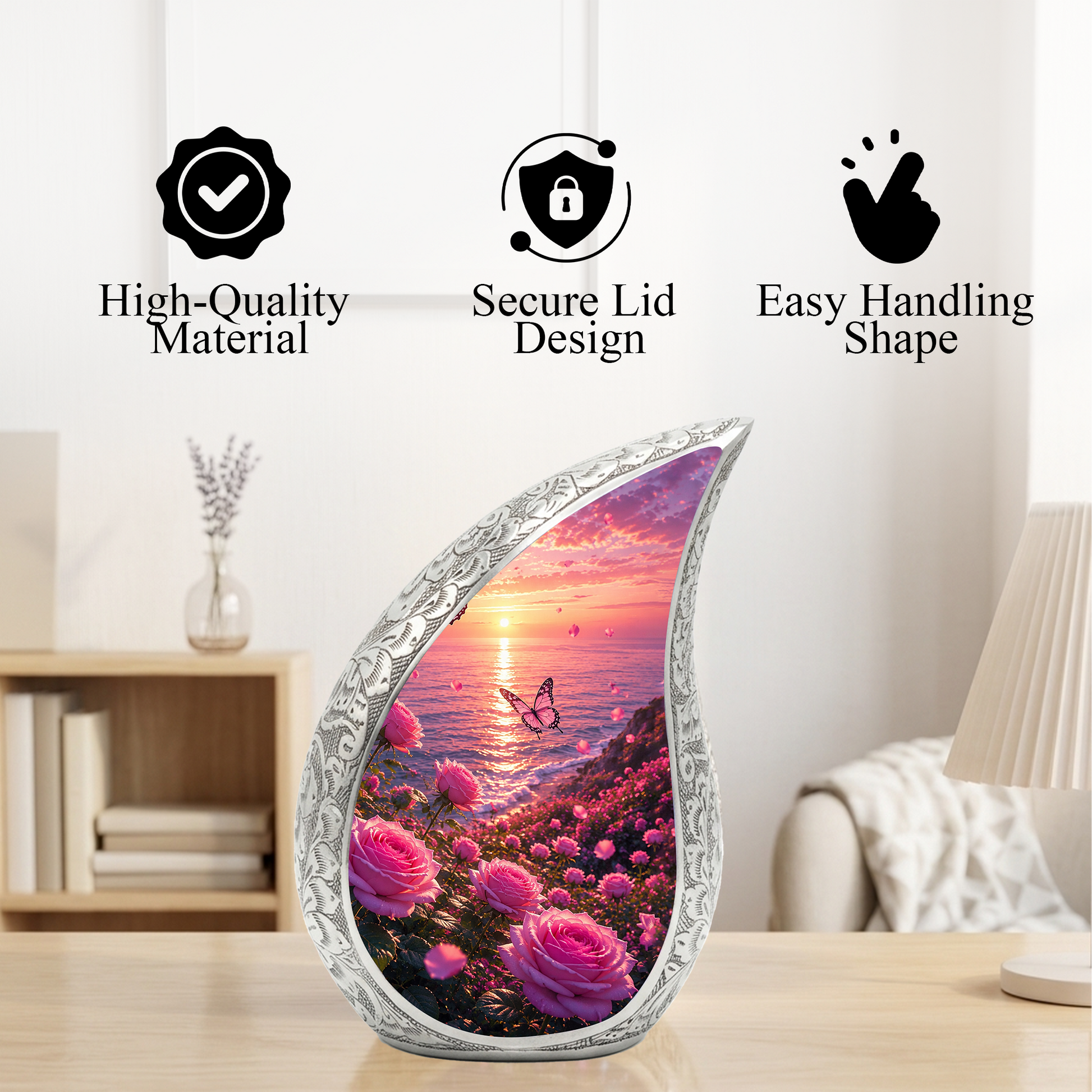 Flower Beach Urn for Mom – Pink Rose Ocean Sunset Cremation Urn for Human Ashes,