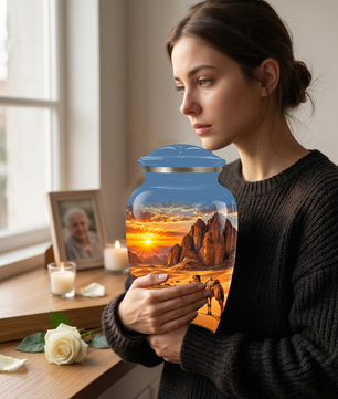 Adult Cremation Urn for Ashes, Personalized Desert Camel Aluminum Urn, Sunset Mountain Memorial Urn